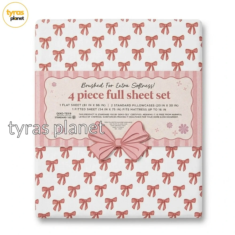 EnVogue Pink Bow Coquette Brushed for Extra Softness - 4pc - FULL Sheet Set